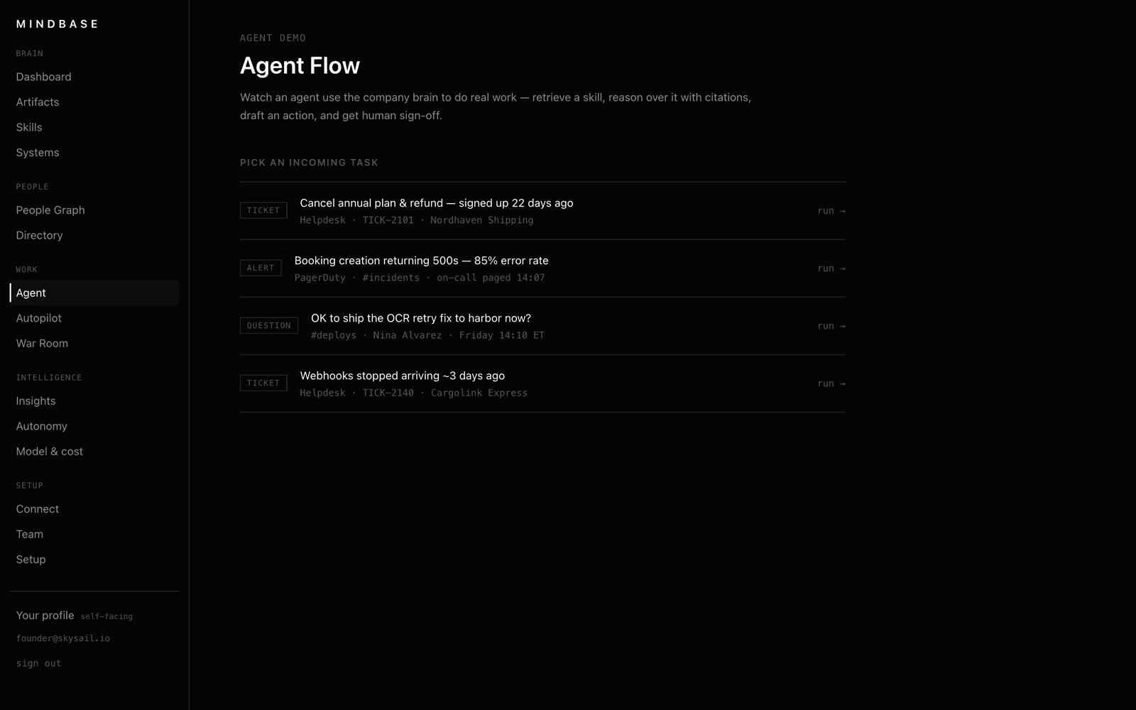 The Agent Flow screen: incoming tickets, alerts and questions an agent can run against the company brain